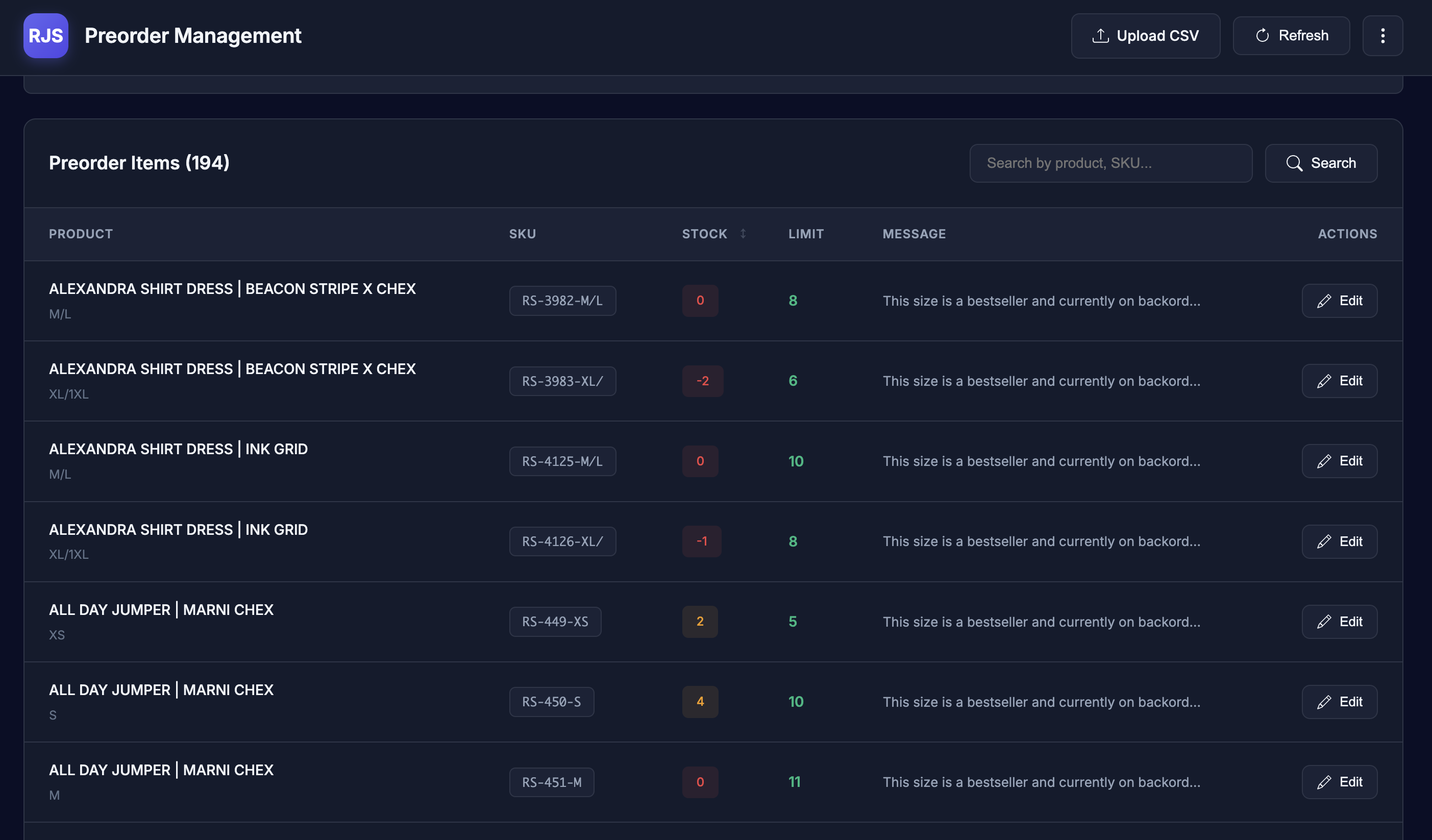 Preorder Management app interface